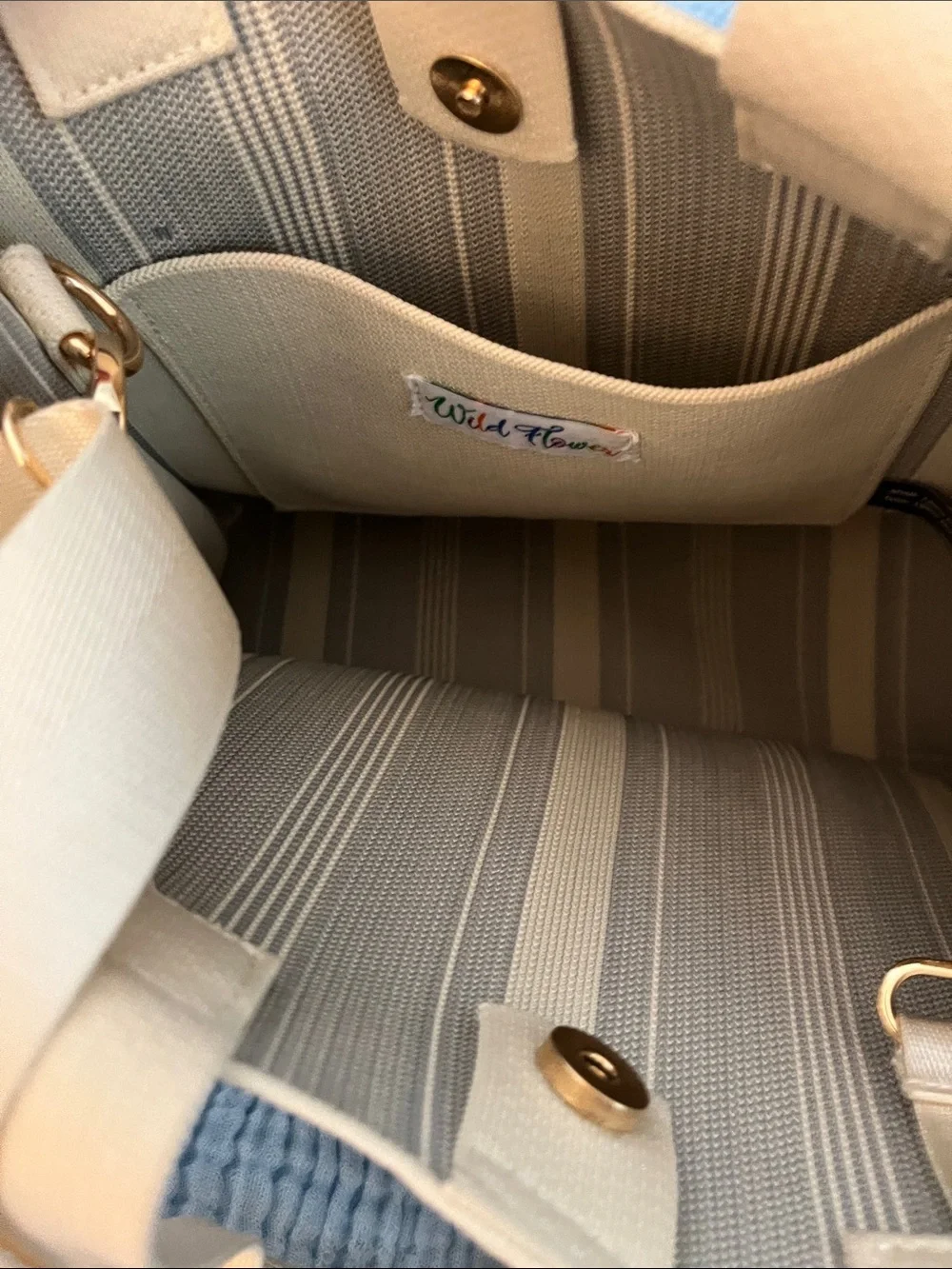 Wild Flower Cream & Gray Striped Canvas Tote with Tassel Accent